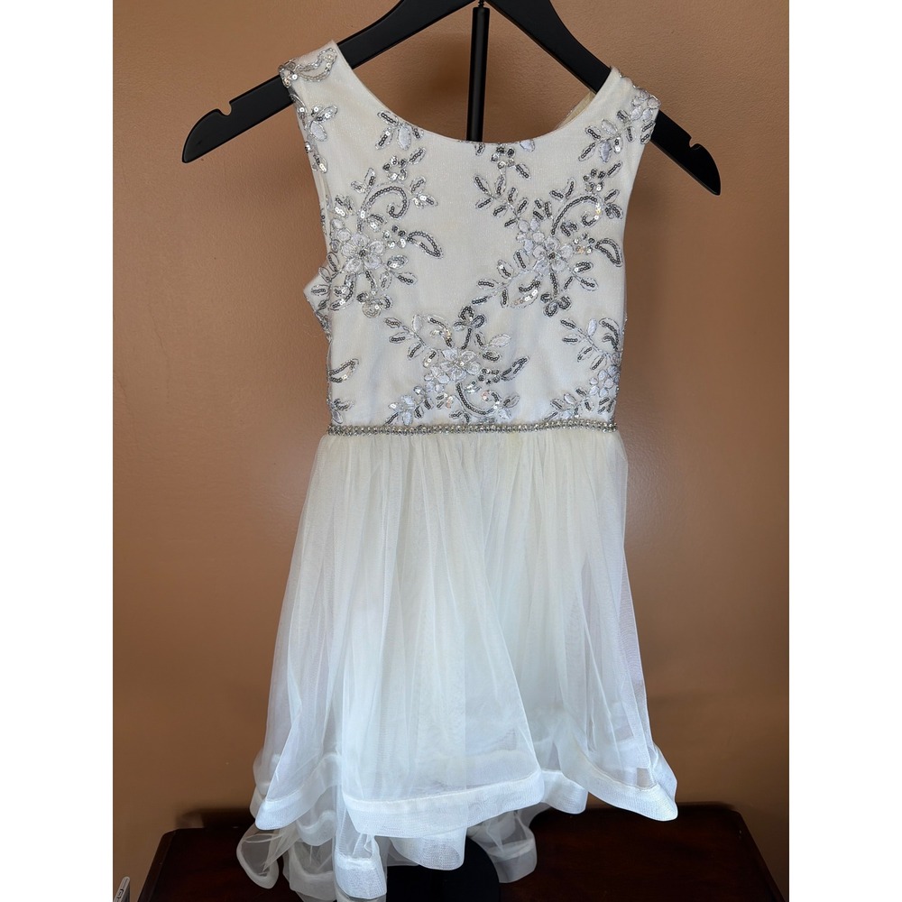 Girls White Sequin Floral Tulle Formal Flower Girl Dress Sleeveless Party Gown